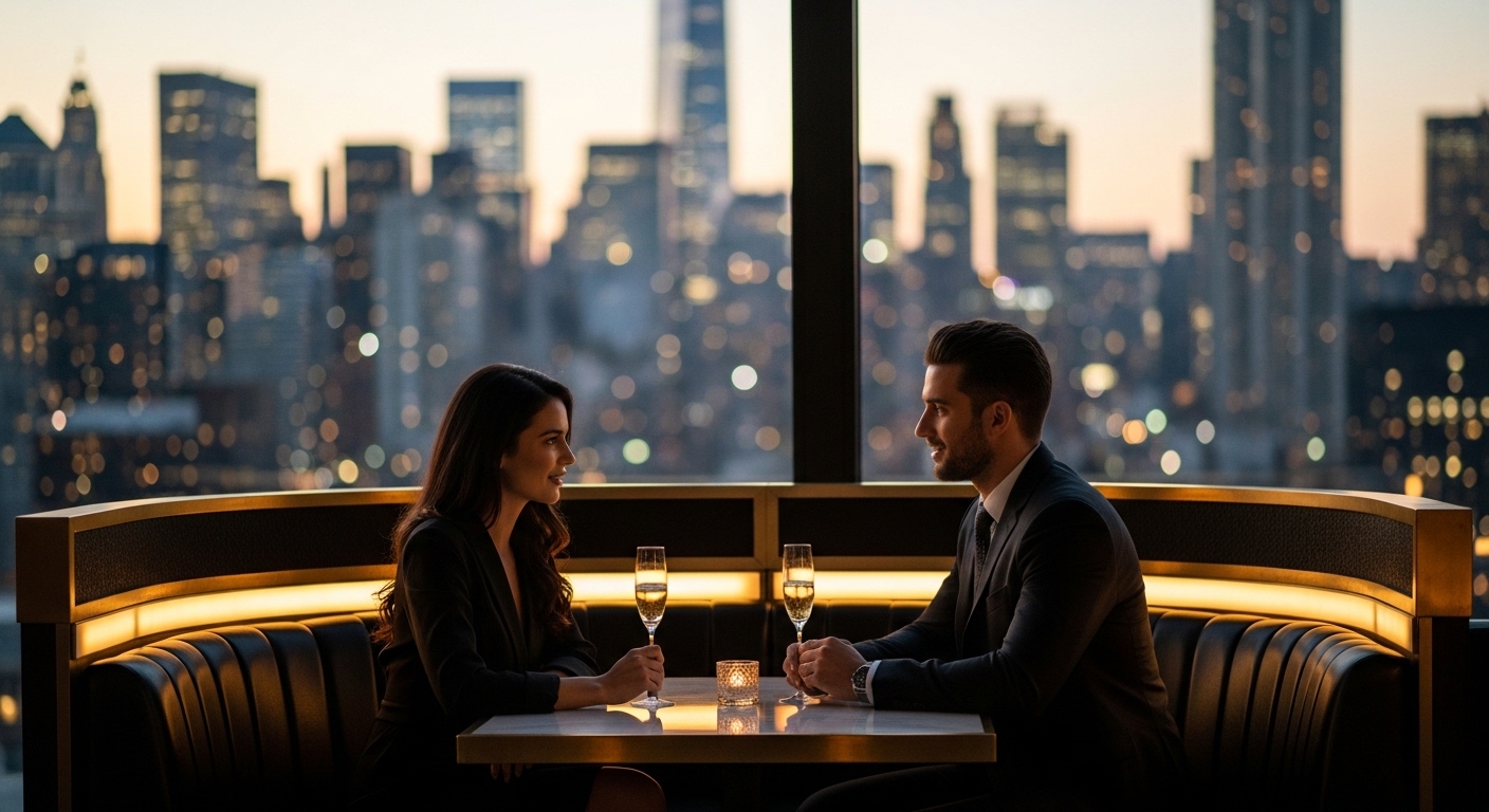 Luxury elite dating - Sophisticated couple at exclusive rooftop bar
